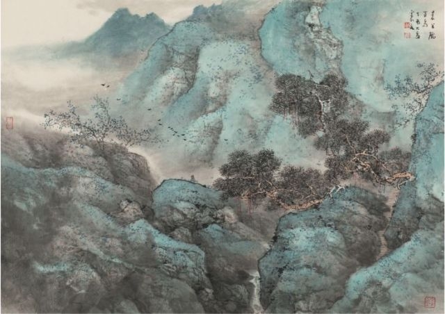 晨坐听百鸟 纸本设色