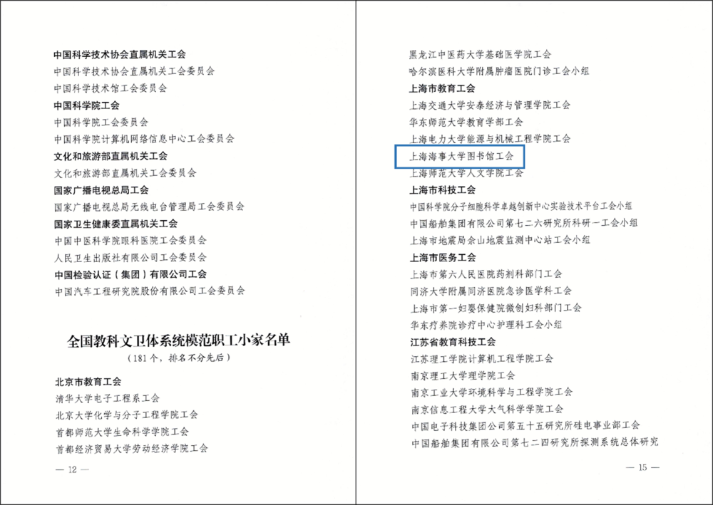 图书馆工会荣获全国科教文卫体系统“模范职工小家”称号