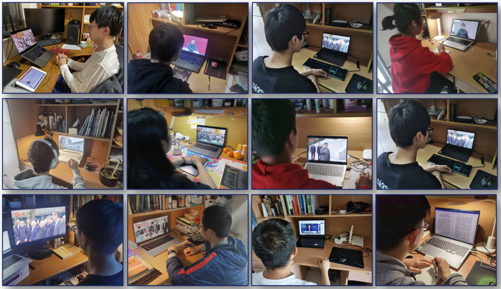 学生在寝室认真学习习近平总书记重要讲话精